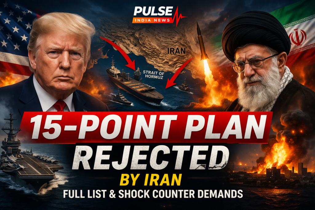 Trump’s 15-Point War Plan REJECTED by Iran – Full List & Shock Counter Demands Explained US vs Iran conflict image showing Donald Trump, Iranian leadership, Strait of Hormuz map, oil tankers, and military tension after rejection of 15-point war plan