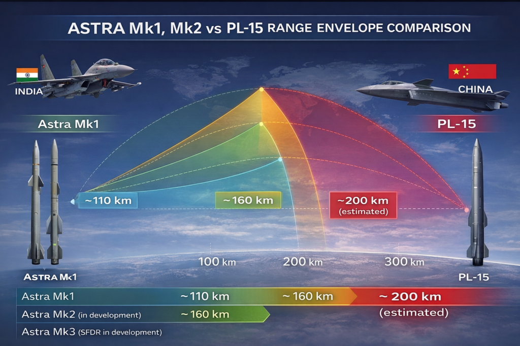 Infographic comparing the range capabilities of India’s Astra Mk1, Astra Mk2, Astra Mk3 and China’s PL-15 beyond-visual-range air-to-air missiles.