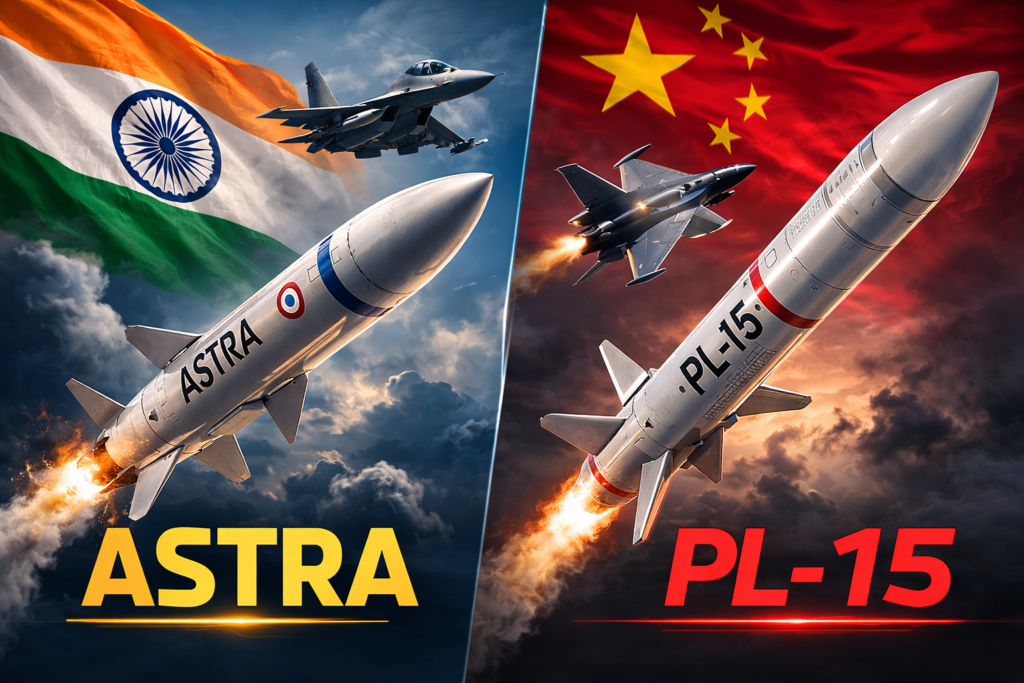 Side-by-side infographic comparing India’s Astra missile family and China’s PL-15 air-to-air missile, including range, speed, guidance, developer, status, and launch platforms.