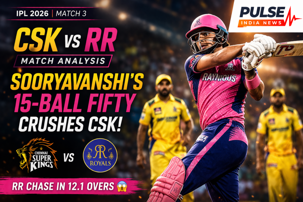CSK vs RR Match Analysis: Sooryavanshi’s 15-Ball Fifty Destroys Chennai in IPL 2026 Thriller CSK vs RR IPL 2026 featured image showing Rajasthan Royals batter Vaibhav Sooryavanshi playing a shot with Chennai Super Kings players in the background and Pulse India News logo