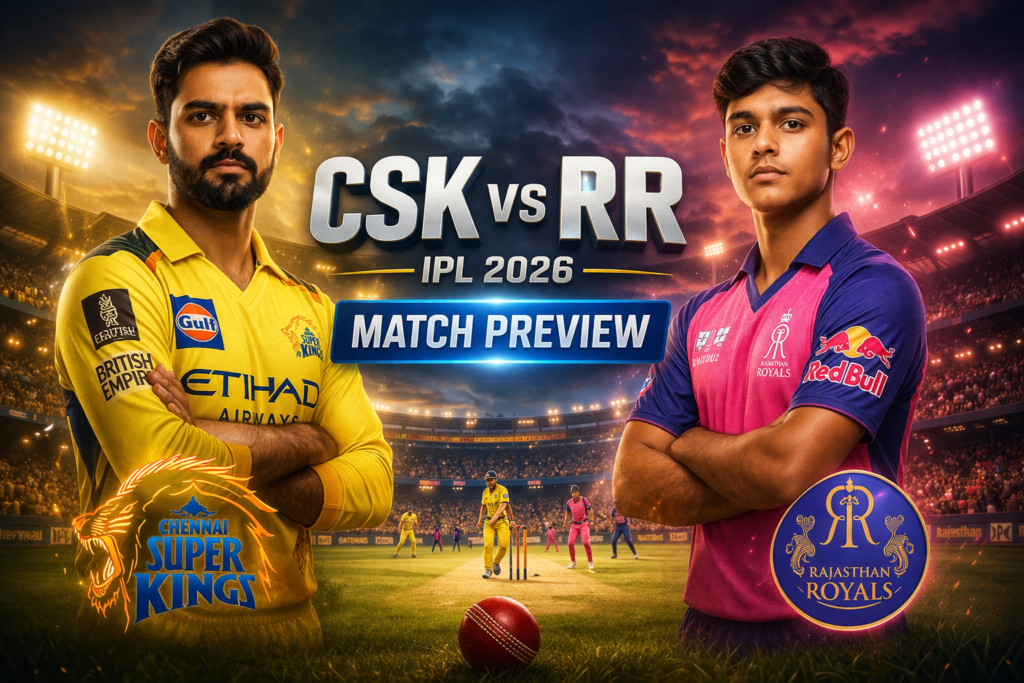 CSK vs RR Match Preview 2026: Can New-Look CSK Overcome Jadeja’s Royals? CSK vs RR IPL 2026 match preview featuring Ruturaj Gaikwad and Yashasvi Jaiswal in a cinematic stadium background