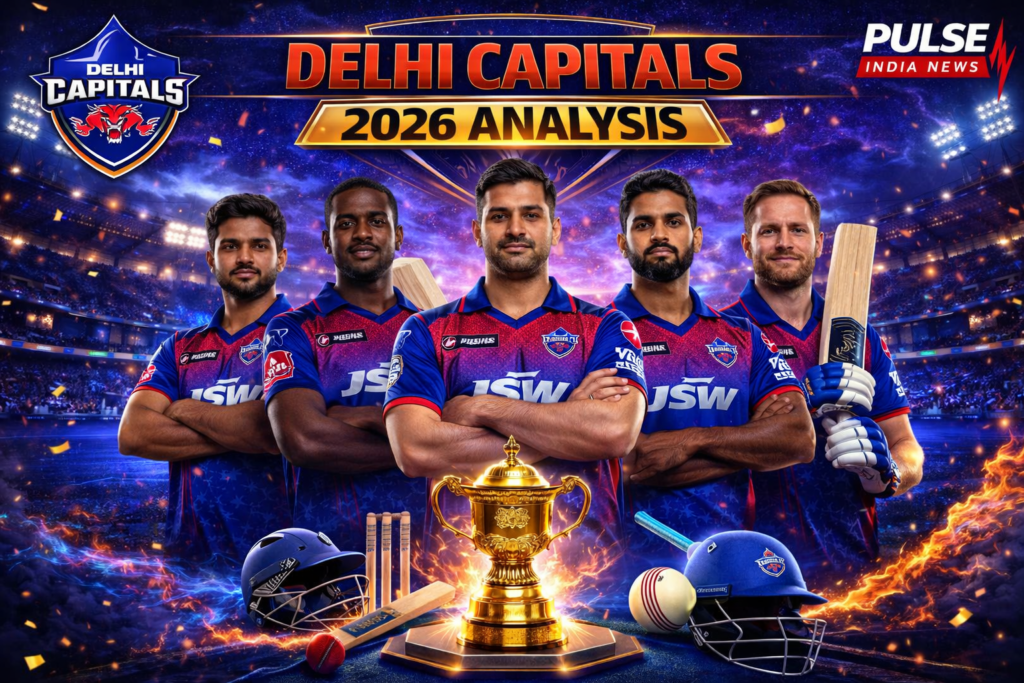 Delhi Capitals 2026: Strong Squad...But can Axar Patel Finally Delivery a Title Delhi Capitals IPL 2026 featured image with Axar Patel captain in center, KL Rahul and David Miller on right, Kuldeep Yadav and Lungi Ngidi on left with IPL trophy in stadium background.