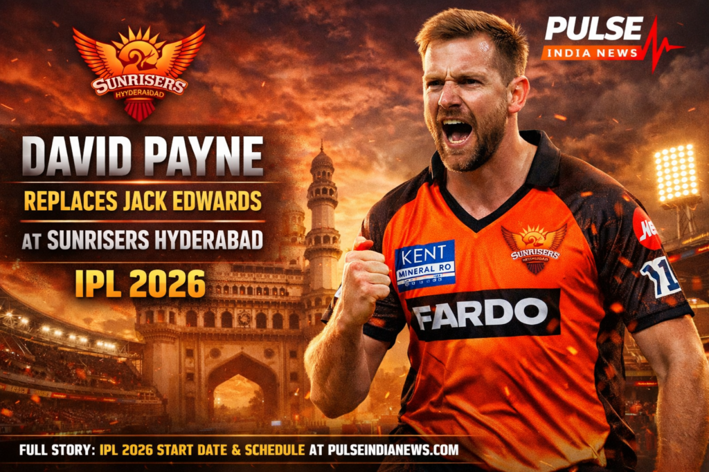 🏏 David Payne Replaces Injured Edwards at Sunrisers Hyderabad – IPL 2026 Update David Payne in Sunrisers Hyderabad jersey replacing Jack Edwards for IPL 2026 with Hyderabad stadium background