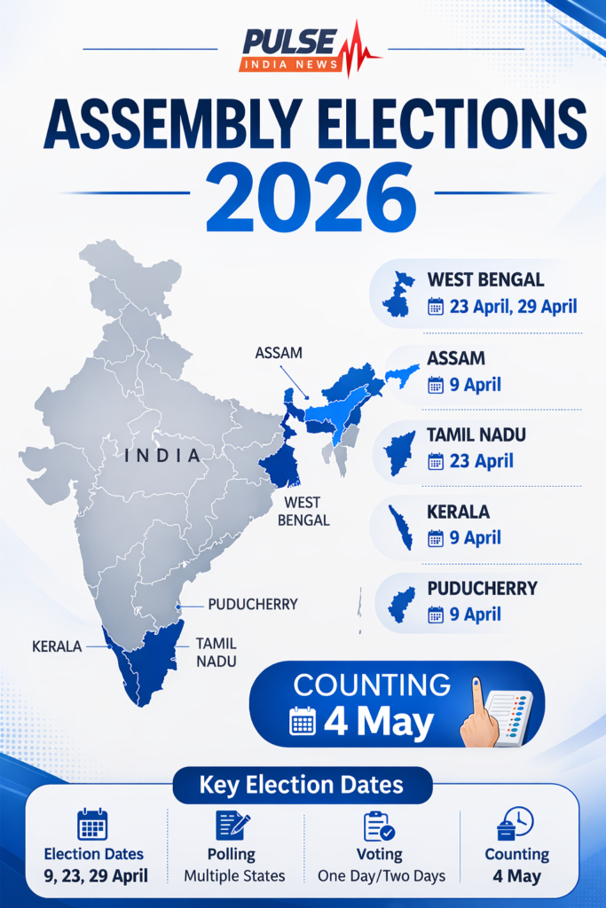 Election Schedule 2026 Released: Polling to Begin Soon Across Key States India Assembly Elections 2026 schedule showing polling dates for West Bengal, Assam, Tamil Nadu, Kerala and Puducherry with counting on May 4