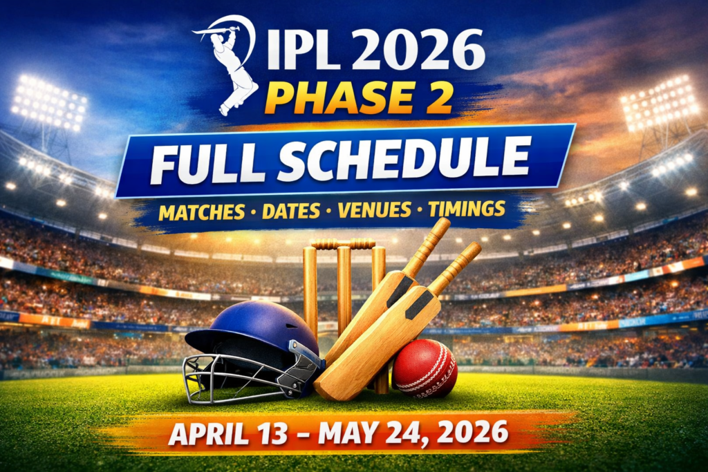 🏏 IPL 2026 Phase 2 Schedule Announced: Full Dates, Venues and Key Matches IPL 2026 Phase 2 full schedule poster showing dates April 13 to May 24 with cricket stadium background