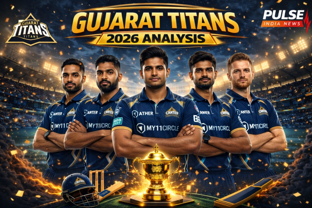 Gujarat Titans 2026: Gill’s Biggest Test Yet… Title Run or Sudden Collapse? Gujarat Titans 2026 squad poster with Shubman Gill in center, Buttler, Sudharsan, Rashid Khan and Siraj with IPL trophy in stadium background