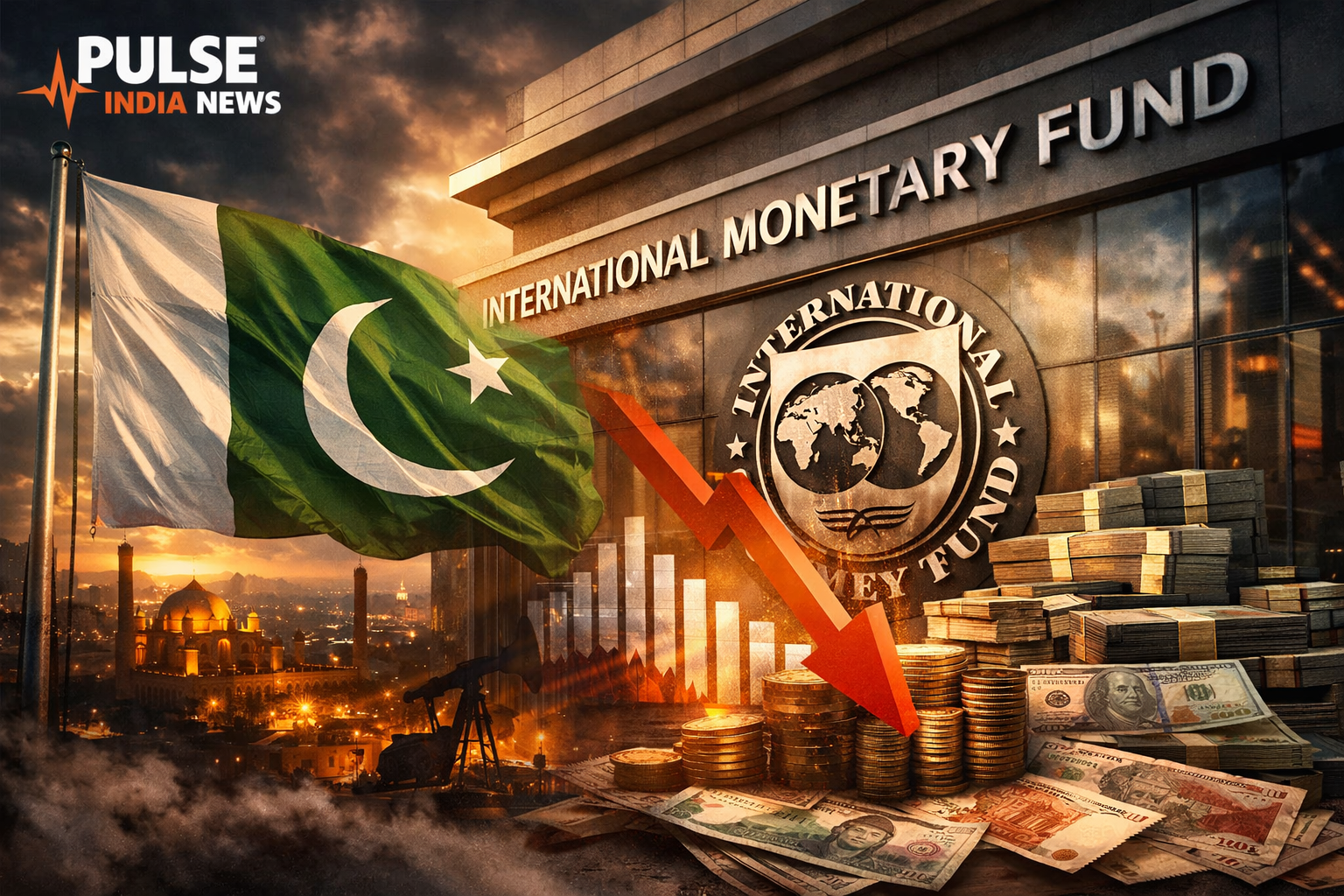 Pakistan flag and IMF-related imagery representing the country's debt and economic pressures