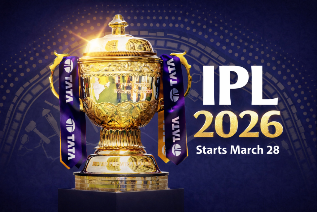 IPL 2026 trophy announcement with official IPL trophy and text “IPL 2026 Starts March 28”.