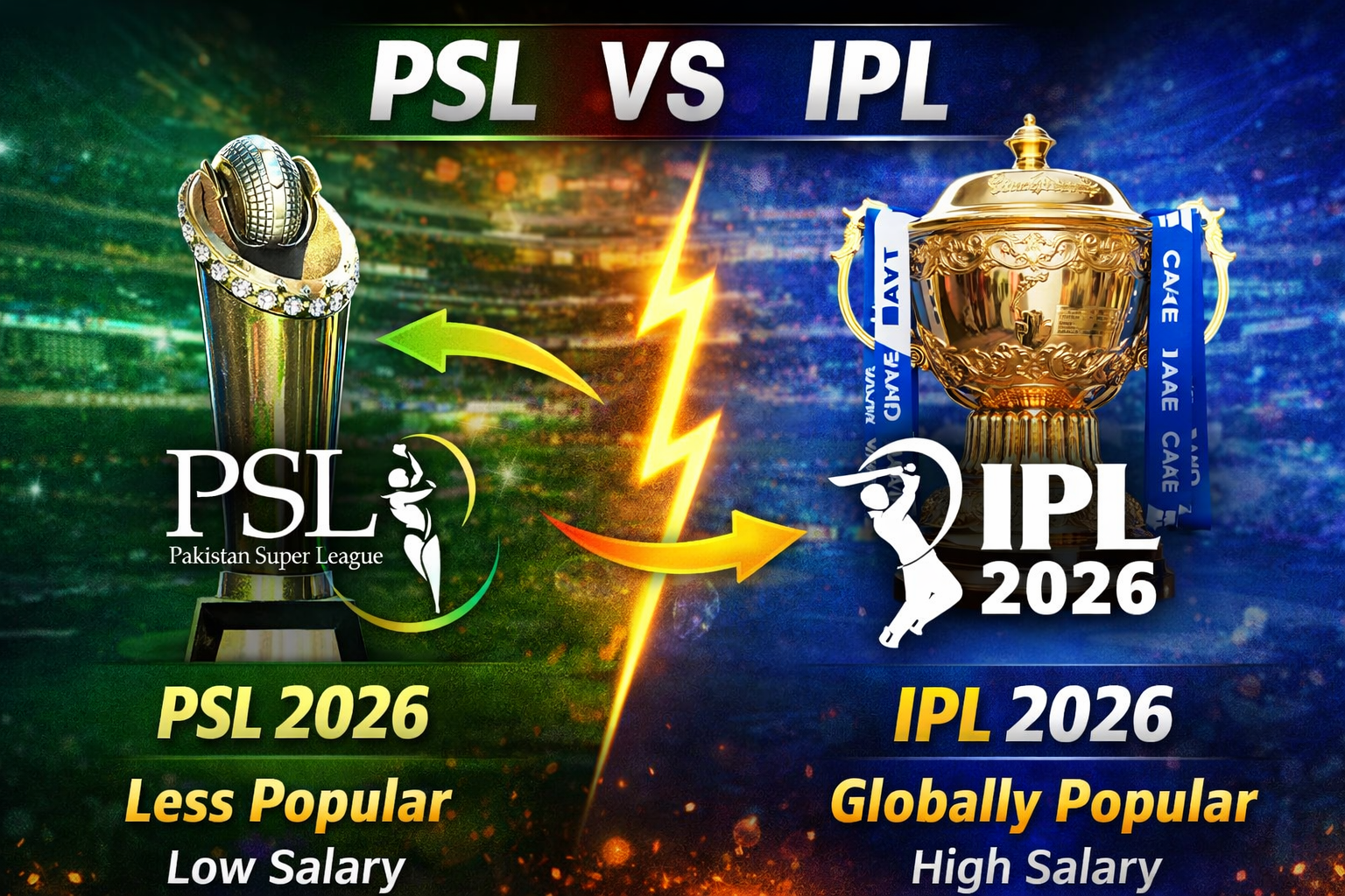 IPL vs PSL comparison trophy image showing difference in popularity and value