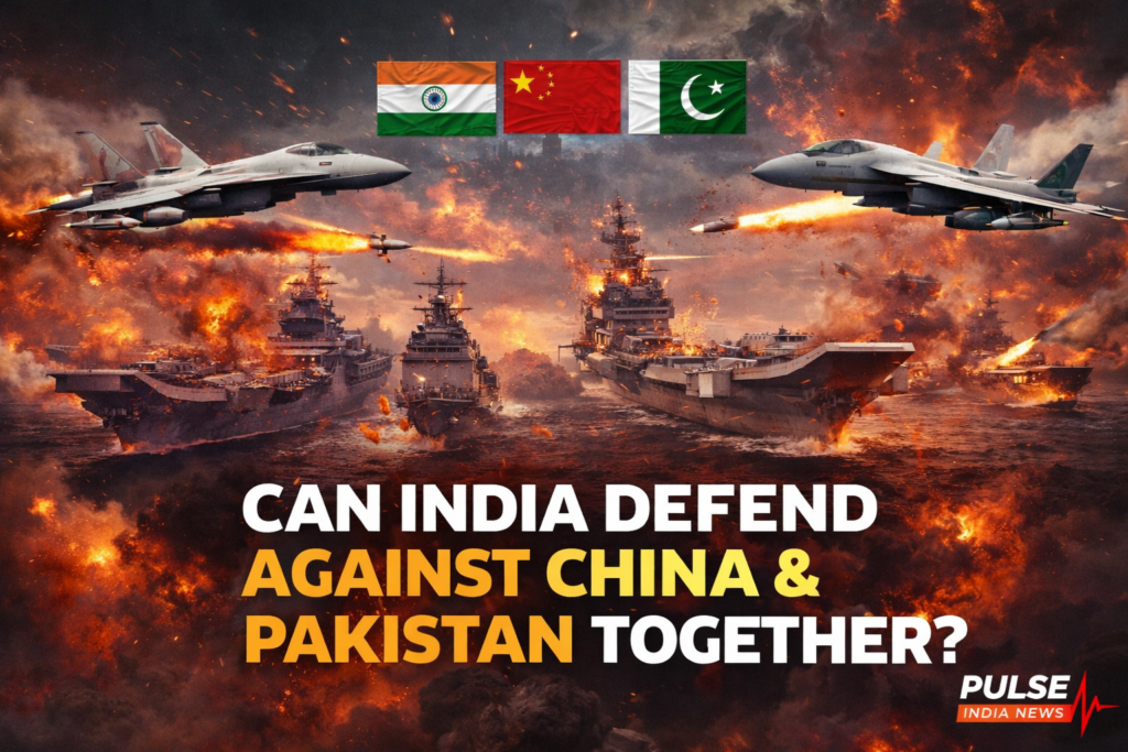 A visual representation of a potential India vs China and Pakistan two-front war scenario with air and naval combat elements.