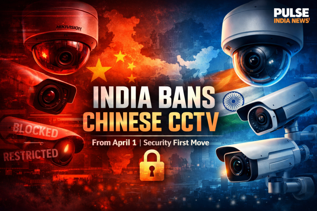 India bans Chinese CCTV cameras with split image showing restricted Hikvision-style devices and secure Indian surveillance systems