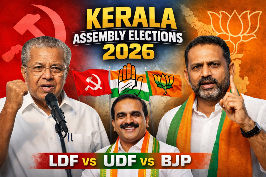 Kerala Assembly Elections 2026 Kerala Assembly Elections 2026 featuring Pinarayi Vijayan, V D Satheesan and K Surendran representing LDF, UDF and BJP alliances.
