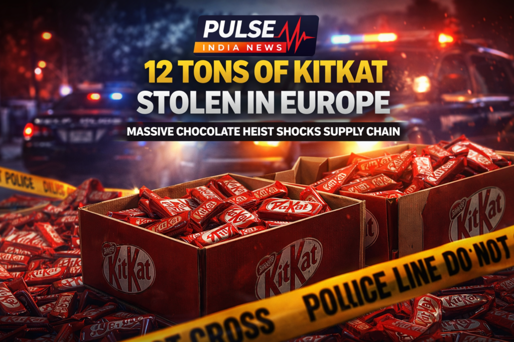 🍫 12 Tons of KitKat Stolen in Europe: Massive Chocolate Heist Shocks Supply Chain Cinematic image showing stolen KitKat chocolate boxes with police tape and flashing lights after 12-ton shipment theft in Europe