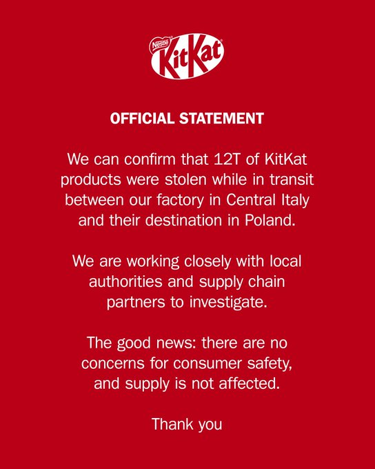 KitKat official statement confirming 12 tons of chocolate stolen during transit from Italy to Poland, with no impact on consumer safety