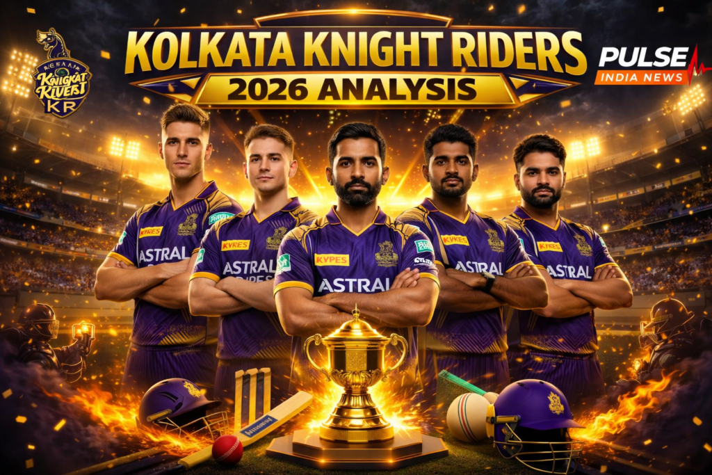 KKR 2026: Defending Champions… But Can They Repeat the Magic Again? Kolkata Knight Riders 2026 squad poster featuring Ajinkya Rahane with Rinku Singh, Cameron Green, Finn Allen and Raghuvanshi in purple and gold jersey with IPL trophy