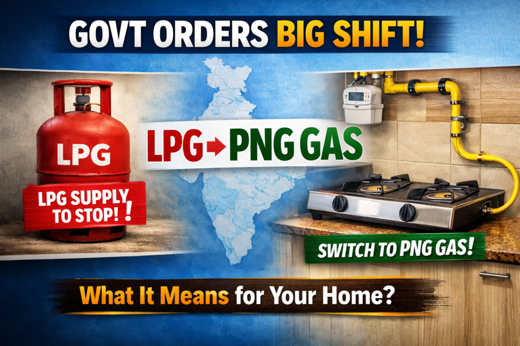 Government shift from LPG cylinder to PNG gas in India showing LPG supply stop warning and piped gas kitchen connection