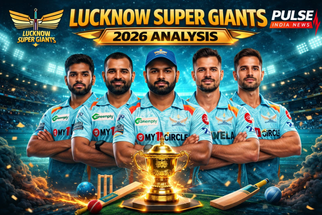 LSG 2026: Explosive Squad… But This One Imbalance Could Cost Them the Title Lucknow Super Giants IPL 2026 analysis poster featuring Rishabh Pant at center with Mitchell Marsh, Aiden Markram, Nicholas Pooran, and Mohammed Shami, wearing official LSG jerseys, with a golden IPL trophy and stadium background.