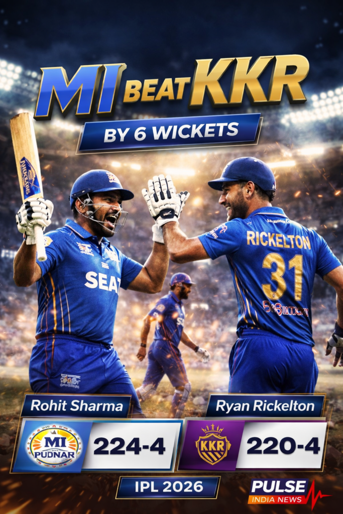 MI vs KKR FULL MATCH STORY: Rohit–Rickelton Storm Ends 14-Year Curse in 220 Chase Thriller Mumbai Indians beat Kolkata Knight Riders by 6 wickets IPL 2026 Rohit Sharma Ryan Rickelton celebration