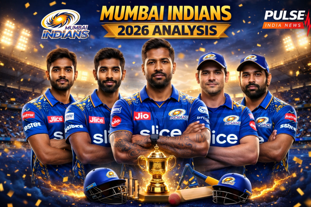 🏏 Mumbai Indians 2026: Comeback Kings or Transition Phase? Mumbai Indians 2026 featured image showing Hardik Pandya in center with Rohit Sharma and Quinton de Kock on right and Jasprit Bumrah and Tilak Varma on left in MI blue theme with IPL trophy