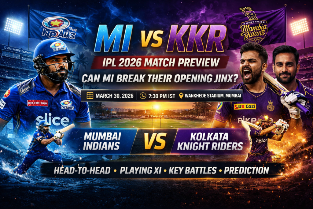 MI vs KKR Match Preview 2026: Can Mumbai Break Their Opening Jinx? Rohit Sharma of Mumbai Indians and Ajinkya Rahane of Kolkata Knight Riders featured in IPL 2026 match preview poster at Wankhede Stadium