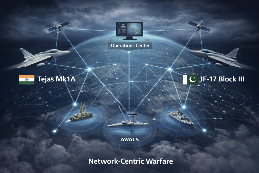 Illustration of network-centric warfare showing Tejas Mk1A and JF-17 Block III connected to AWACS aircraft, satellites, naval ships, and an operations center through a digital combat network.