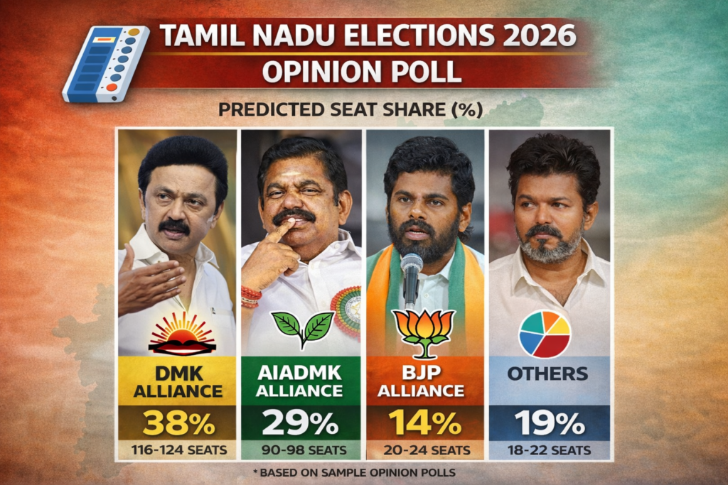 Tamil Nadu Assembly Elections 2026: Schedule, Seats, Parties, Alliances, Manifestos and Strategies tamil nadu elections 2026 opinion poll predicted seat share dmk aiadmk bjp alliances infographic