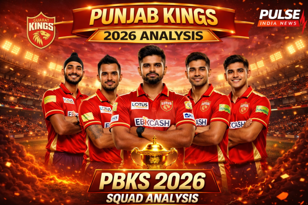 Punjab Kings 2026: Title Contenders… or Another Season of Disappointment? Punjab Kings 2026 squad analysis poster with Shreyas Iyer in center, Arshdeep Singh and Yuzvendra Chahal on left, Prabhsimran Singh and Priyansh Arya on right in red PBKS jersey with IPL trophy background