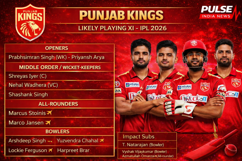 Punjab Kings 2026: Title Contenders… or Another Season of Disappointment? Punjab Kings probable playing XI IPL 2026 with Shreyas Iyer captain, Prabhsimran Singh, Marcus Stoinis, Marco Jansen, Arshdeep Singh and impact substitutes in red theme lineup graphic