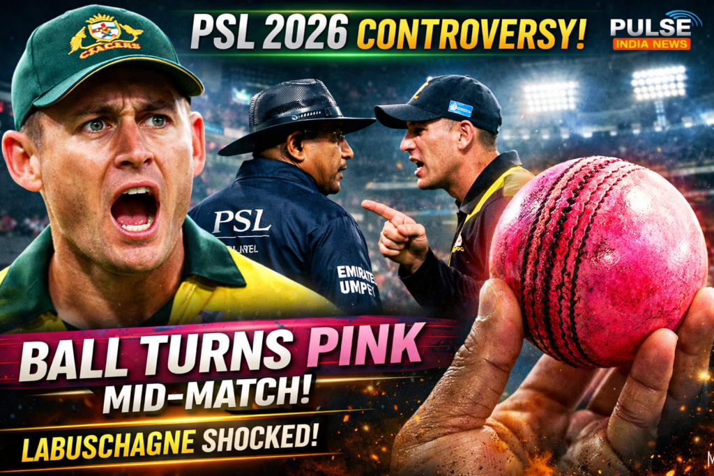 PSL 2026 Embarrassment: Ball Turns Pink Mid-Match, Labuschagne Complains to Umpire Marnus Labuschagne arguing with umpire as cricket ball turns pink during PSL 2026 match controversy