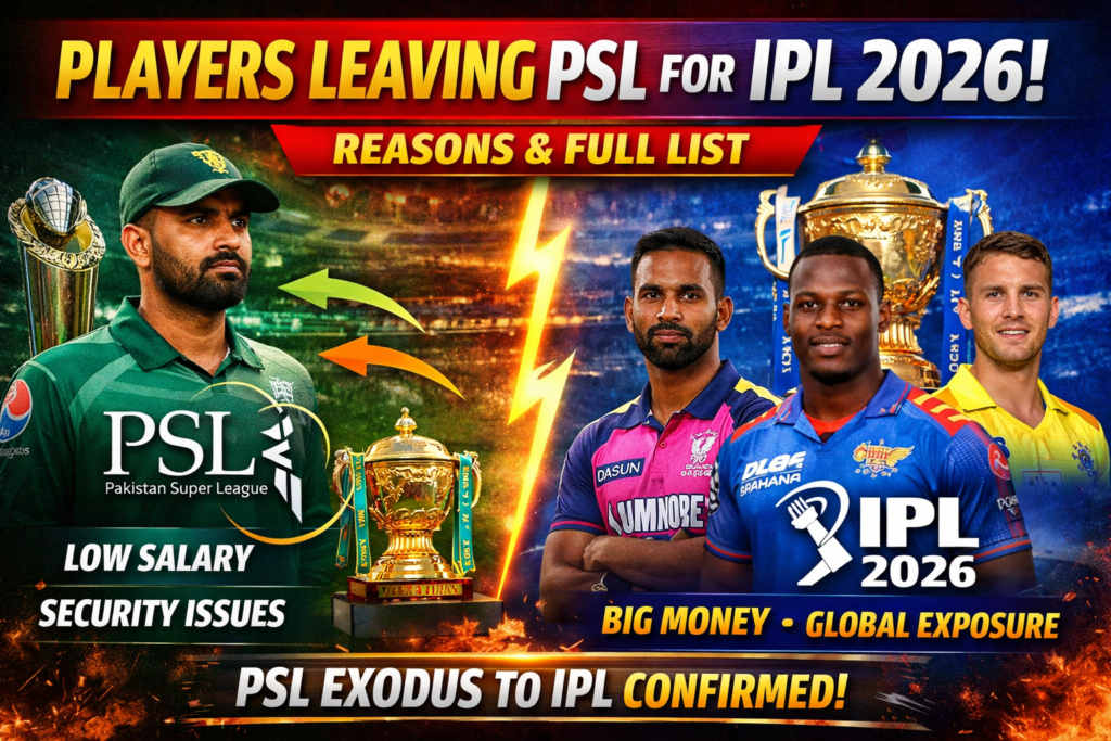 Players Leaving PSL for IPL 2026: Full List, Reasons & Impact Explained Players leaving PSL for IPL 2026 comparison image showing PSL vs IPL with players, trophies, and reasons like low salary and global exposure