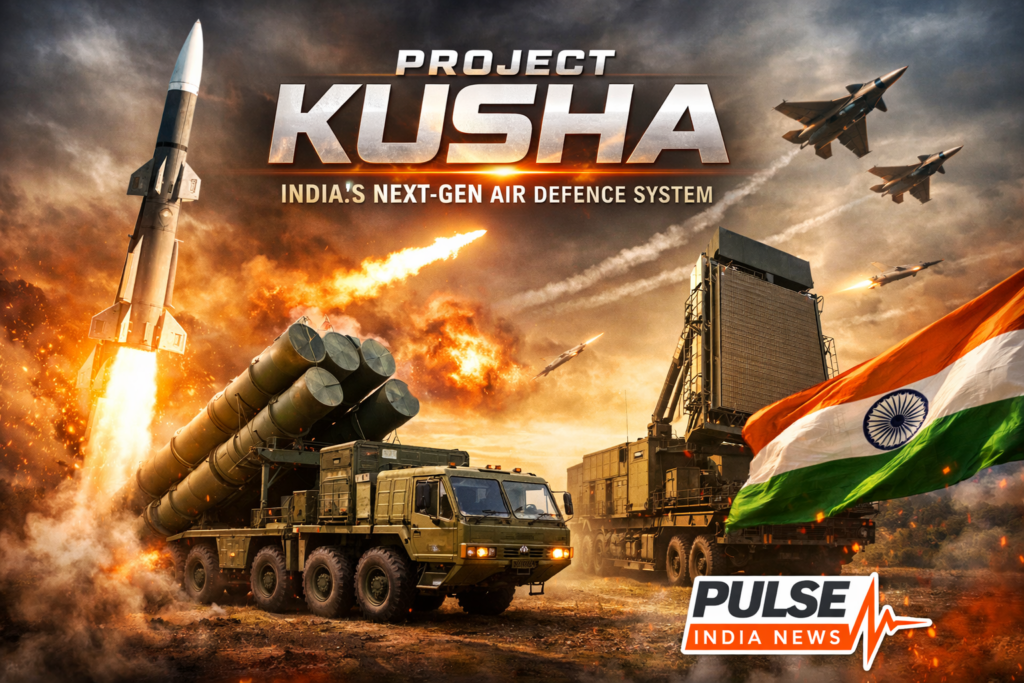 Project Kusha missile system launch with radar and fighter jets, India’s indigenous long-range air defence system with Pulse India News branding