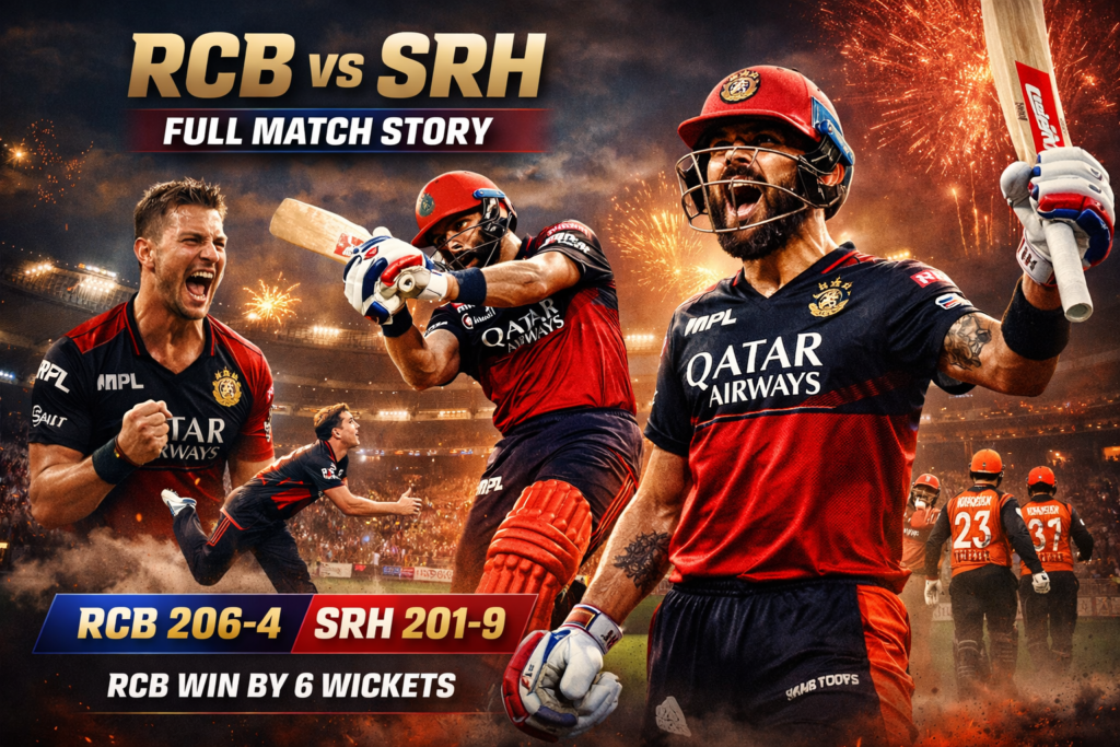 🚨 RCB vs SRH FULL MATCH STORY: Duffy’s Powerplay Shock, Salt’s Catch, Kohli Finishes in Style RCB vs SRH IPL 2026 match featuring Virat Kohli and Devdutt Padikkal during record 202 chase with RCB winning by 6 wickets