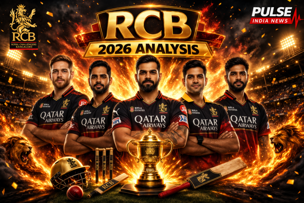 Royal Challengers Bangalore 2026: Champions Now… Dynasty Next? Royal Challengers Bangalore 2026 featured image with Virat Kohli in center, Phil Salt and Bhuvneshwar Kumar on left, Rajat Patidar and Devdutt Padikkal on right in RCB red jersey with IPL trophy background
