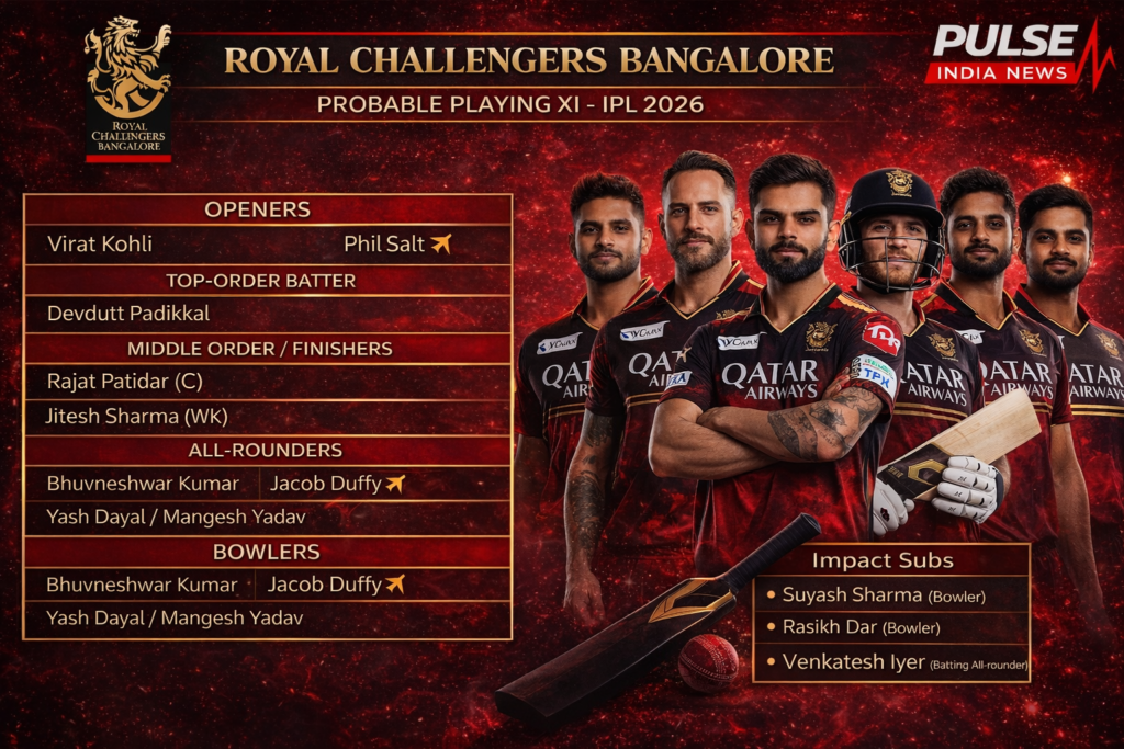 Royal Challengers Bangalore probable playing XI 2026 with Virat Kohli, Phil Salt, Rajat Patidar, Tim David and Bhuvneshwar Kumar shown in lineup graphic with impact substitutes