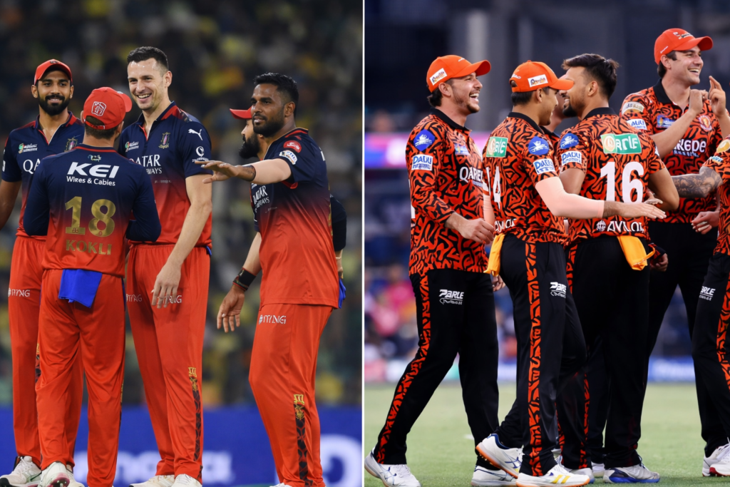 Royal Challengers Bangalore and Sunrisers Hyderabad players celebrating during an IPL match, showing team huddles and reactions on the cricket field.