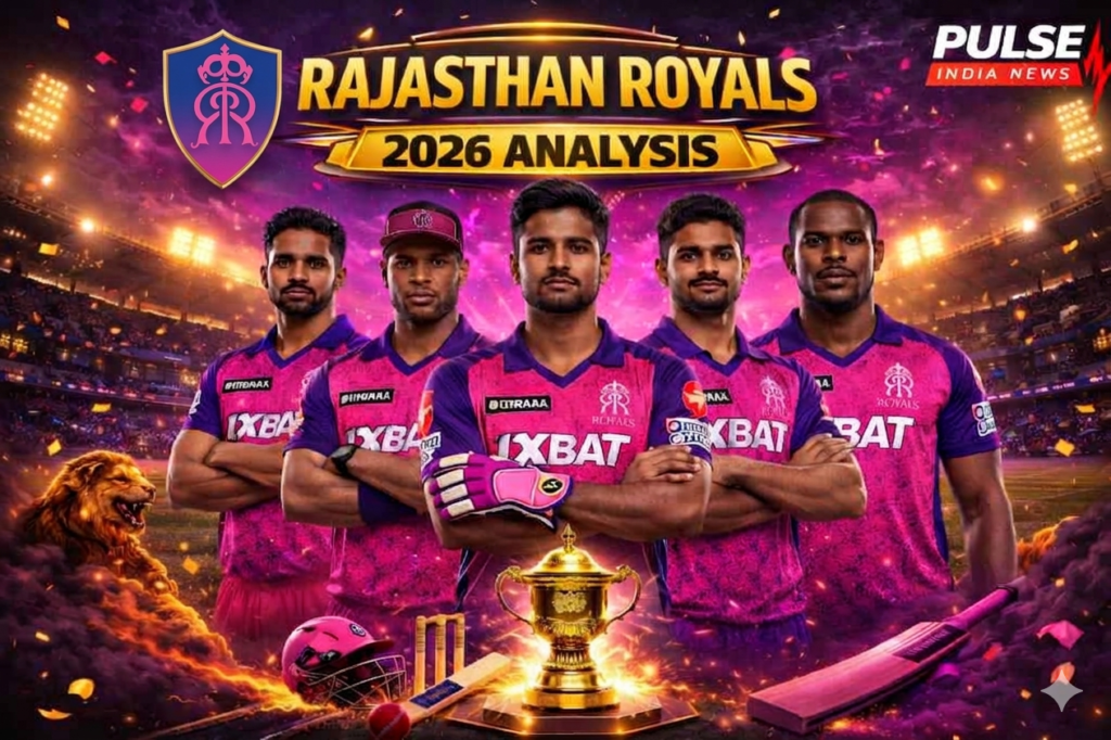 Rajasthan Royals 2026: Strong Batting… But Can They Finally Fix Their Biggest Weakness? Rajasthan Royals 2026 analysis poster featuring Riyan Parag, Jaiswal, Jurel, Hetmyer, Bishnoi and Jofra Archer in pink theme