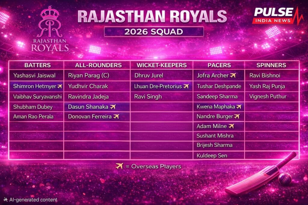 Rajasthan Royals 2026: Strong Batting… But Can They Finally Fix Their Biggest Weakness? Rajasthan Royals 2026 squad full list with batters, all-rounders, wicket-keepers, pacers and spinners in pink theme IPL poster