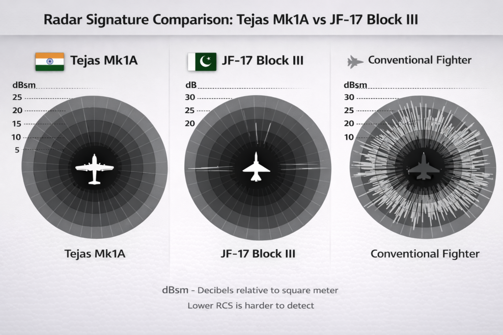 Radar cross-section comparison infographic showing Tejas Mk1A, JF-17 Block III, and a conventional fighter aircraft, illustrating that Tejas Mk1A has a relatively lower radar signature.