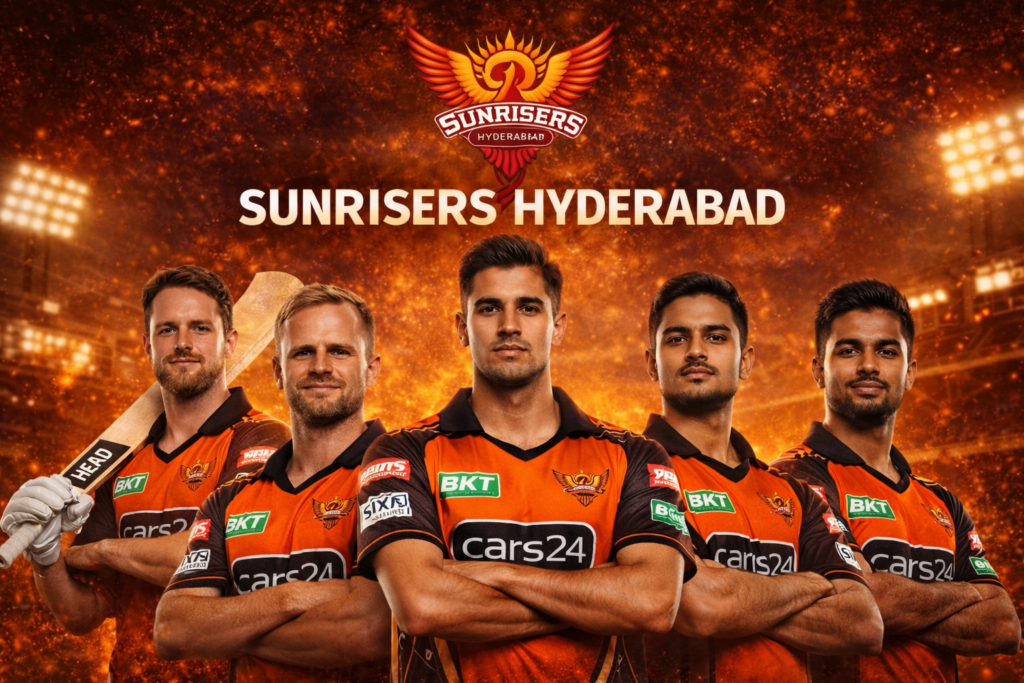 Sunrisers Hyderabad 2026: Title Contenders or Another Missed Chance? Sunrisers Hyderabad 2026 squad featured image with Pat Cummins, Travis Head, Heinrich Klaasen, Ishan Kishan and Abhishek Sharma in orange theme