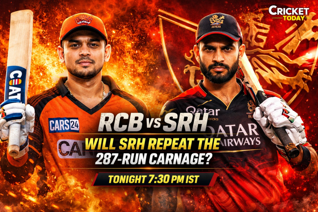 RCB vs SRH Match Preview 2026: Can Head–Abhishek Destroy RCB Again? RCB vs SRH 2026 match preview image featuring Ishan Kishan in SRH orange theme and Rajat Patidar in RCB red theme with split background
