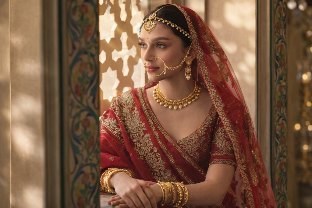 Indian bride wearing traditional gold jewellery during a wedding ceremony, highlighting the cultural importance of gold in Indian weddings.