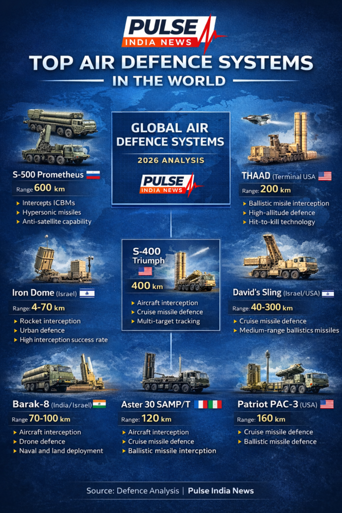 Top air defence systems in the world infographic showing S-500, S-400, THAAD, Patriot PAC-3, Barak-8, Iron Dome, David’s Sling and Aster 30 SAMP/T.