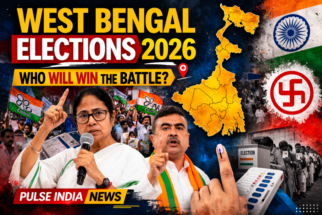 West Bengal Elections 2026: Key Issues, Parties and Political Battle West Bengal Assembly Elections 2026 featuring Mamata Banerjee and Suvendu Adhikari with state map and voting imagery