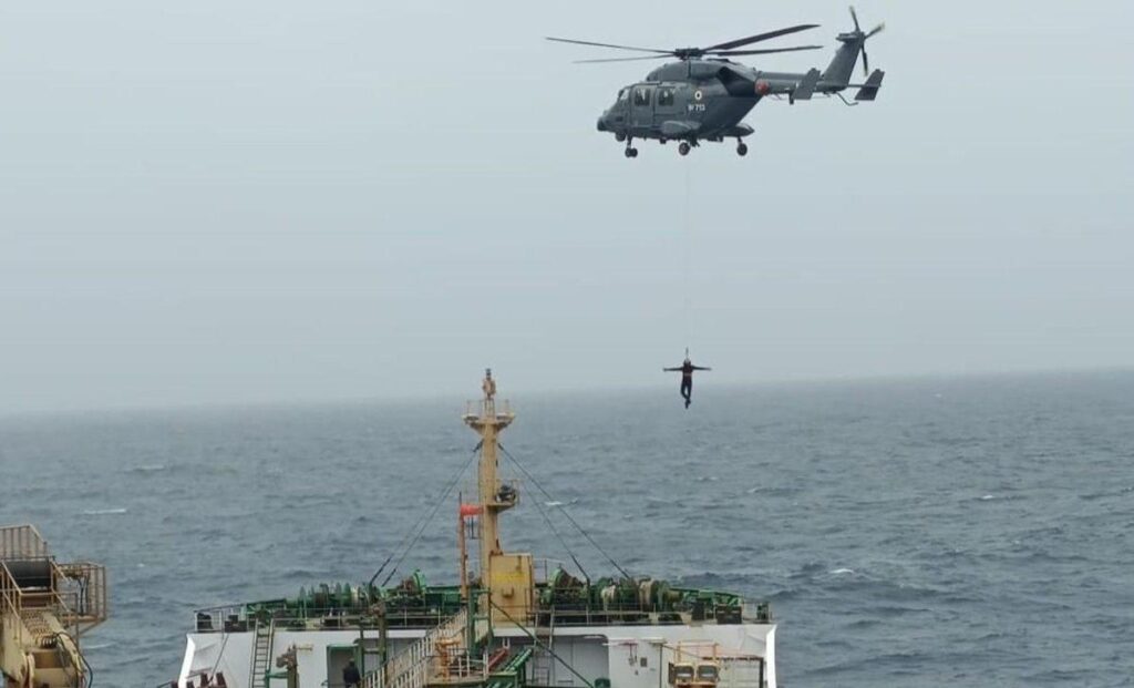 HAL Hands Over ALH Mk III Helicopters to Coast Guard, Boosting India’s Maritime Security ALH Mk III Indian Coast Guard helicopter flying over ocean during maritime patrol