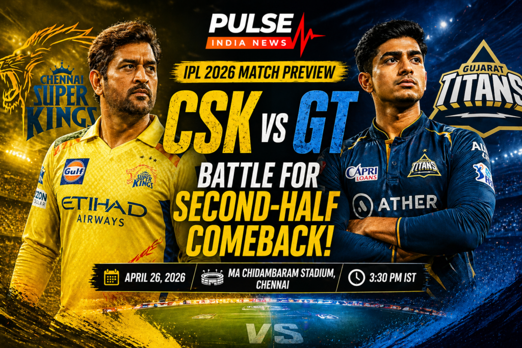 MS Dhoni and Shubman Gill featured in a cinematic IPL 2026 match preview poster for Chennai Super Kings vs Gujarat Titans at Chepauk