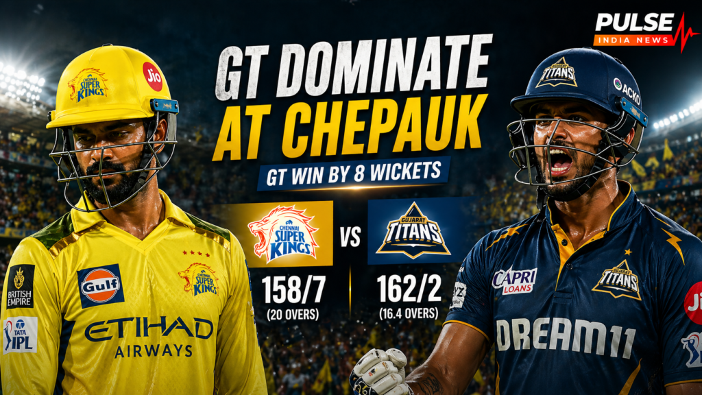 Gujarat Titans beat Chennai Super Kings by 8 wickets at Chepauk in IPL 2026 featuring Sai Sudharsan and Ruturaj Gaikwad.