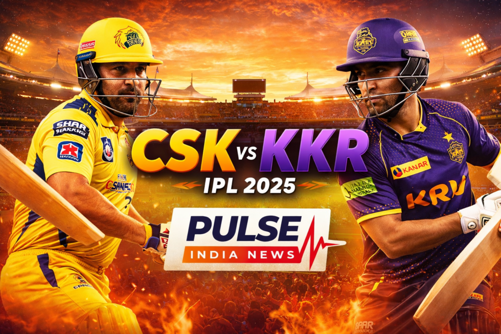 CSK vs KKR IPL 2026 players in action at Chepauk stadium with dramatic lighting and Pulse India News logo