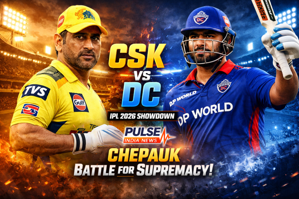 CSK vs DC IPL 2026 Preview: Can Chennai Bounce Back at Chepauk or Will Delhi Capitals Dominate? CSK vs DC IPL 2026 match poster featuring MS Dhoni and Rishabh Pant at Chepauk Stadium with Pulse India News logo