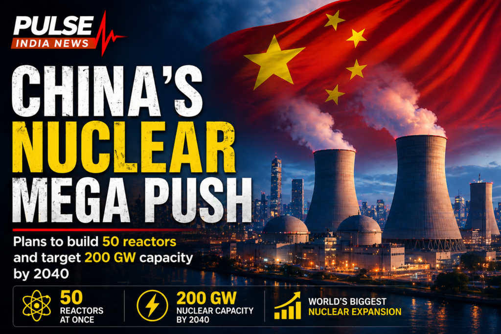 China nuclear power plants with Chinese flag during major nuclear energy expansion plan targeting 200 GW by 2040