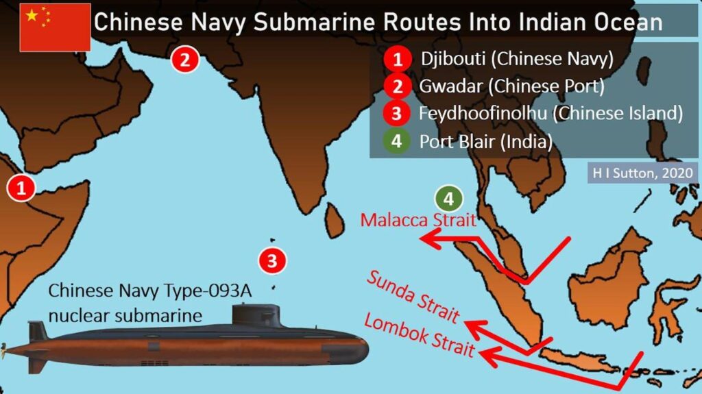 Chinese submarine operating underwater in Indian Ocean strategic zone